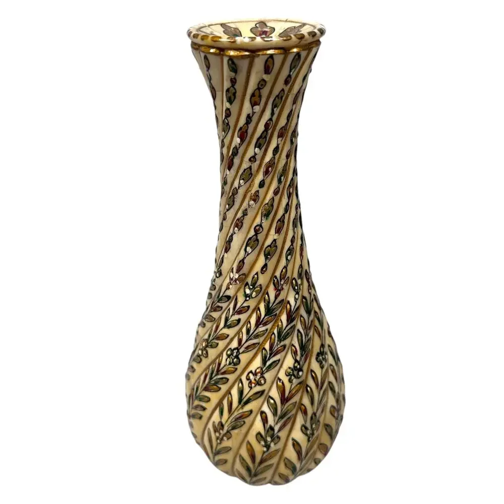 Vintage Moroccan Inlaid Bone Vase Scrimshaw 8.5